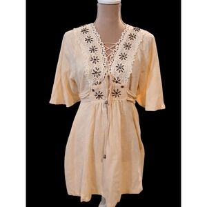 Shabby Chic sz S Boho Beaded Tunic Blouse  Linen Blend Empire Waist Women